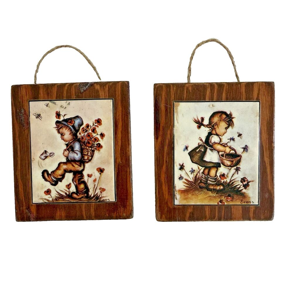 Vtg Wood Wall Plaque Set Of 2 Country Kids by Evans Hummel Inspired Cottagecore